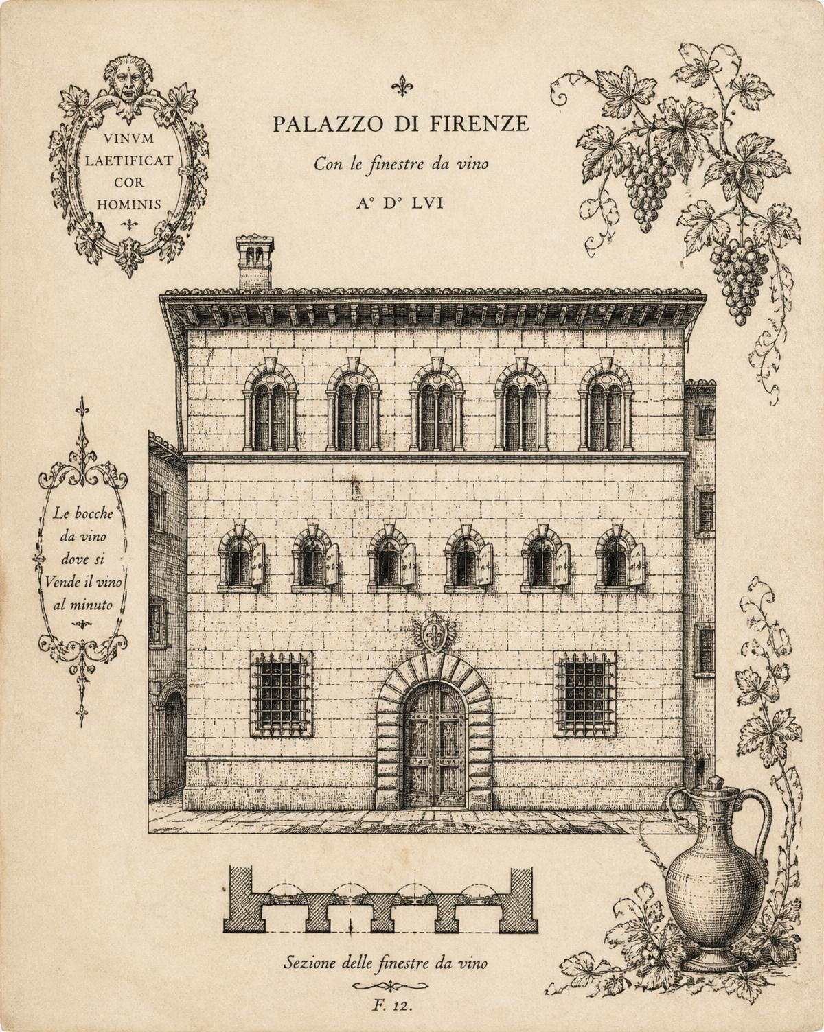 Ilustração vintage de palazzo florentino com buchette del vino